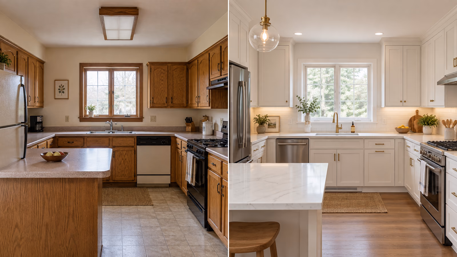 Before-and-after view of the same American kitchen, changing from dated oak cabinets and laminate counters to white cabinets and quartz surfaces