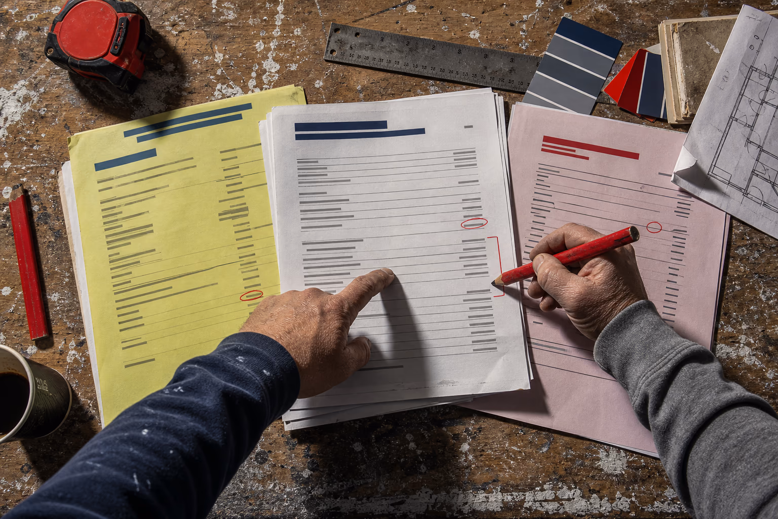 Overhead editorial photograph of three marked-up contractor bids, a red pencil, paint chips and a homeowner's hands at a worn worktable