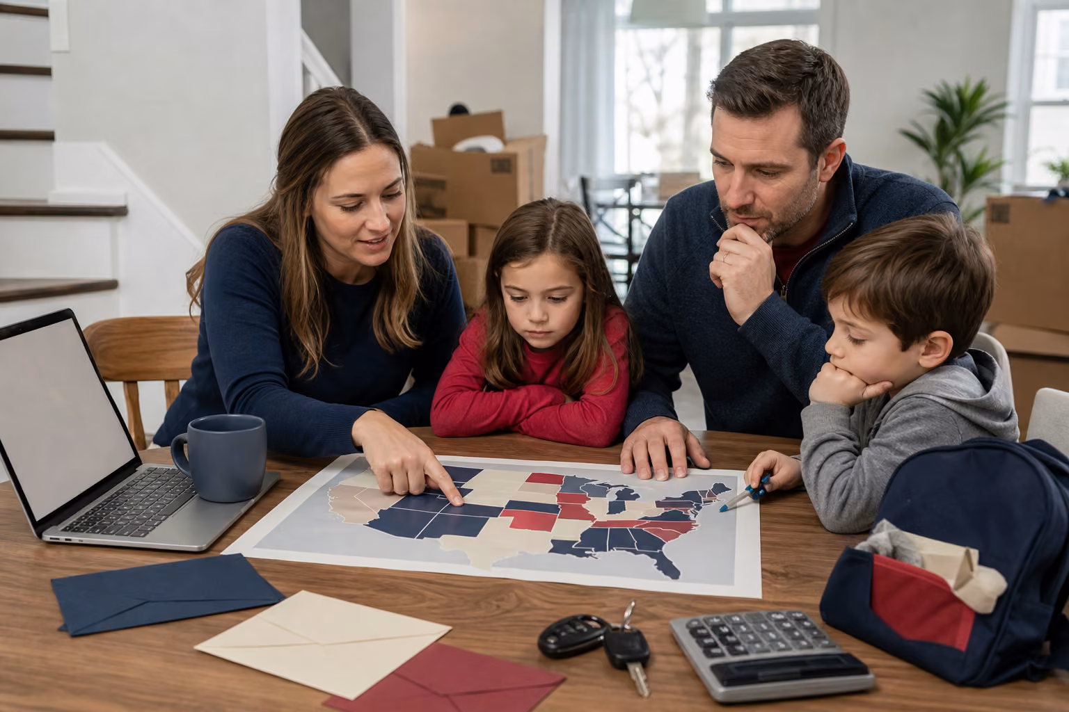 Family comparing possible states on a map with household budget items, moving boxes and car keys at the table