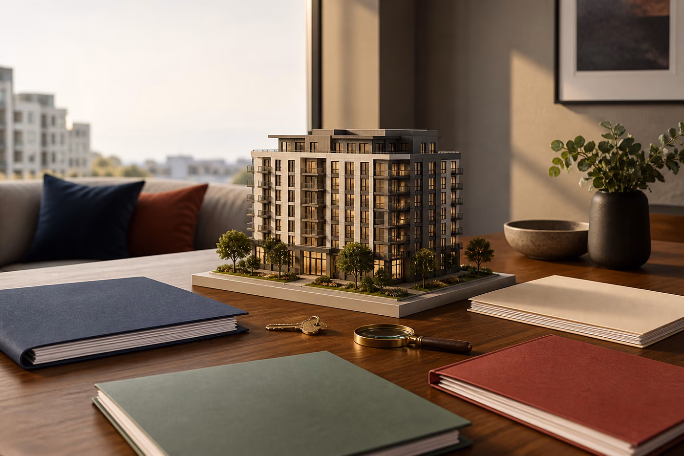 Scale model of a condominium building on a table with document folders, keys and a magnifying glass
