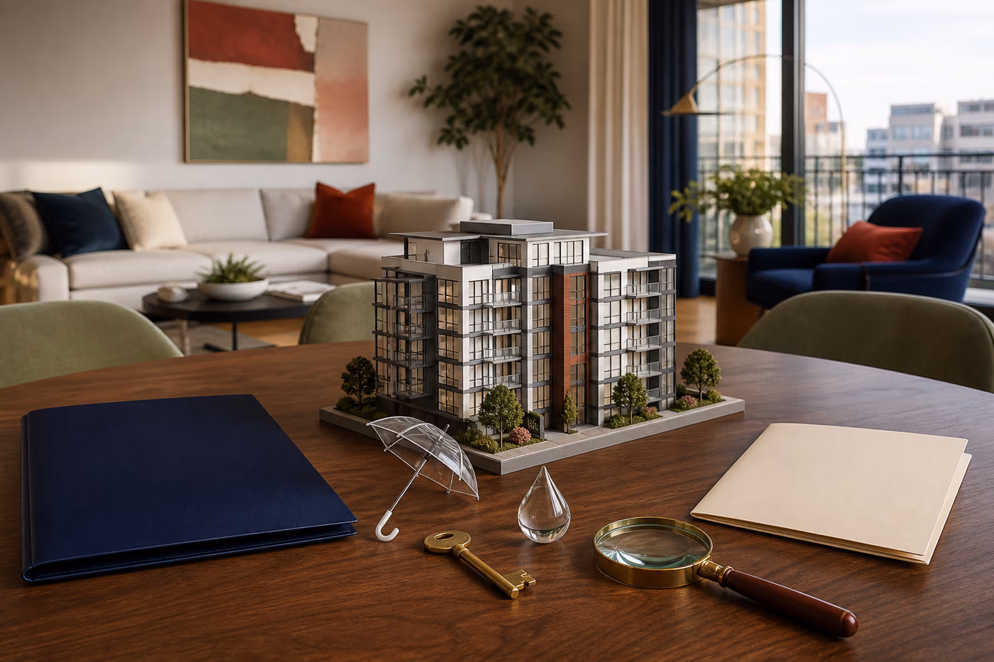 Scale model of a condominium building with a blue folder, blank papers, a clear umbrella, water drop, key and magnifying glass