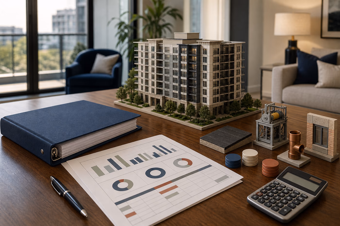 Scale model of a condominium building beside a blue binder, planning charts, a calculator and building-system samples
