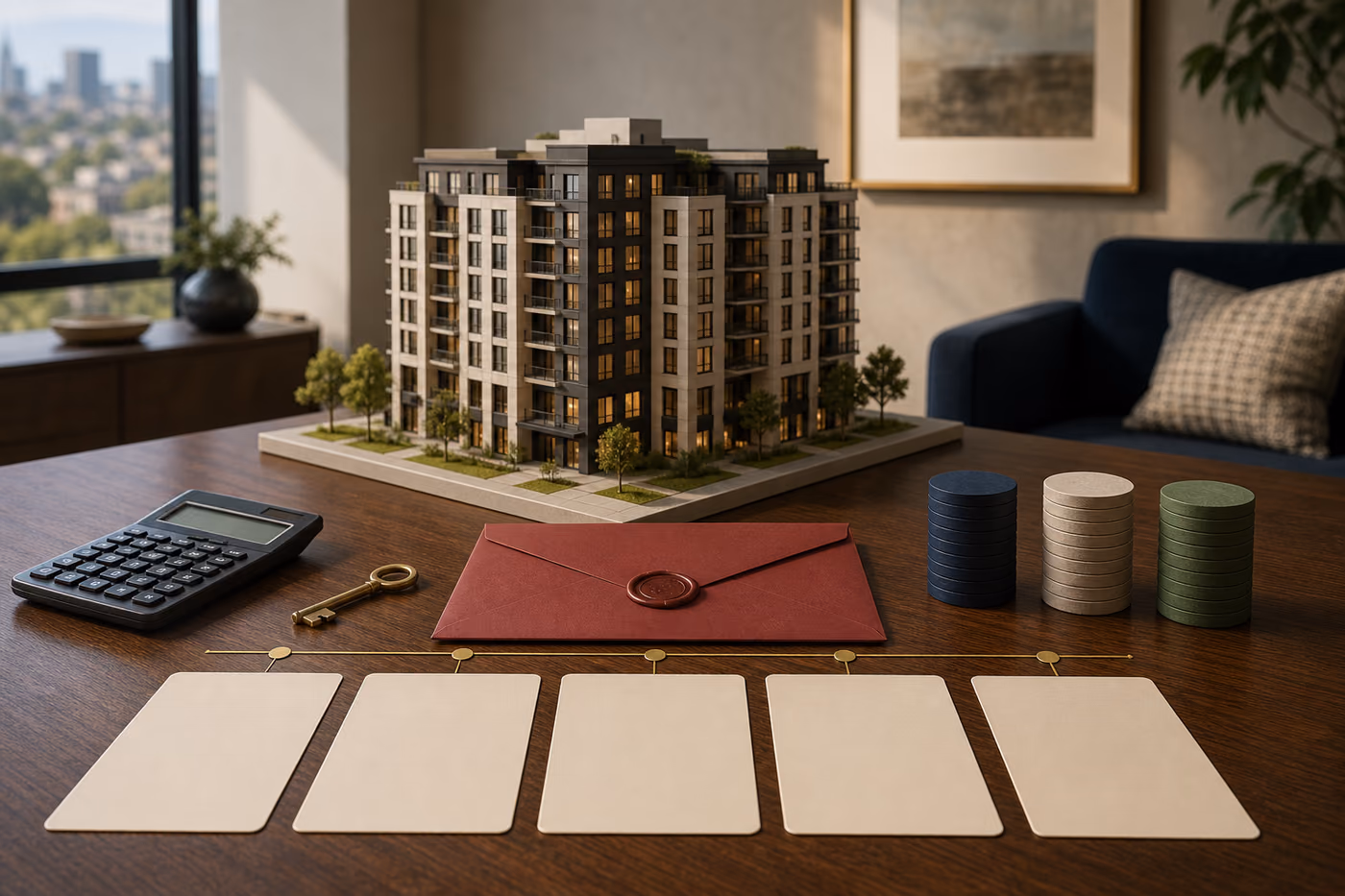 Scale model of a condominium building with a calculator, sealed envelope, blank timeline cards and stacks of colored tokens
