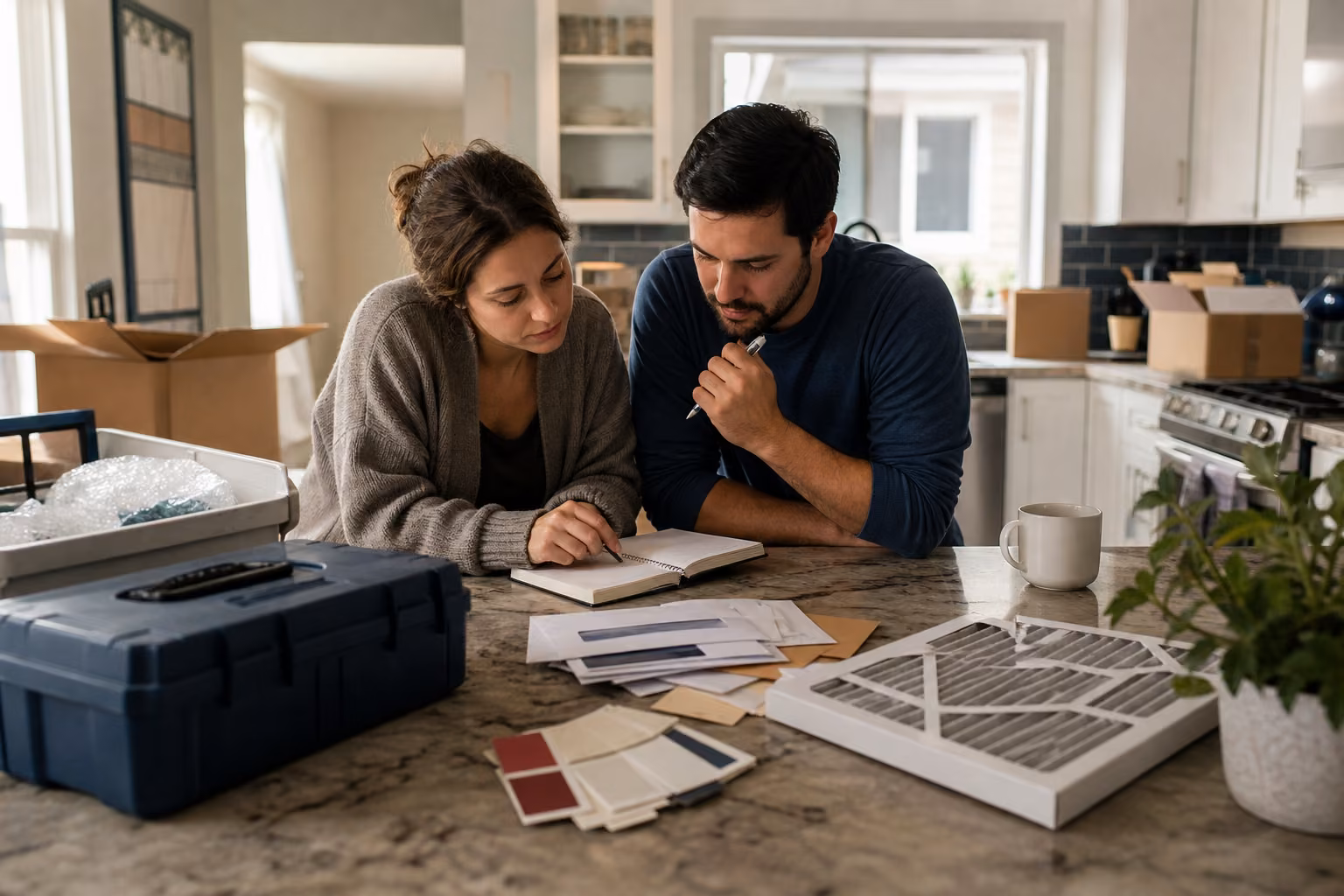 New homeowners reviewing first-year house expenses at their kitchen island among moving boxes, tools and an air filter