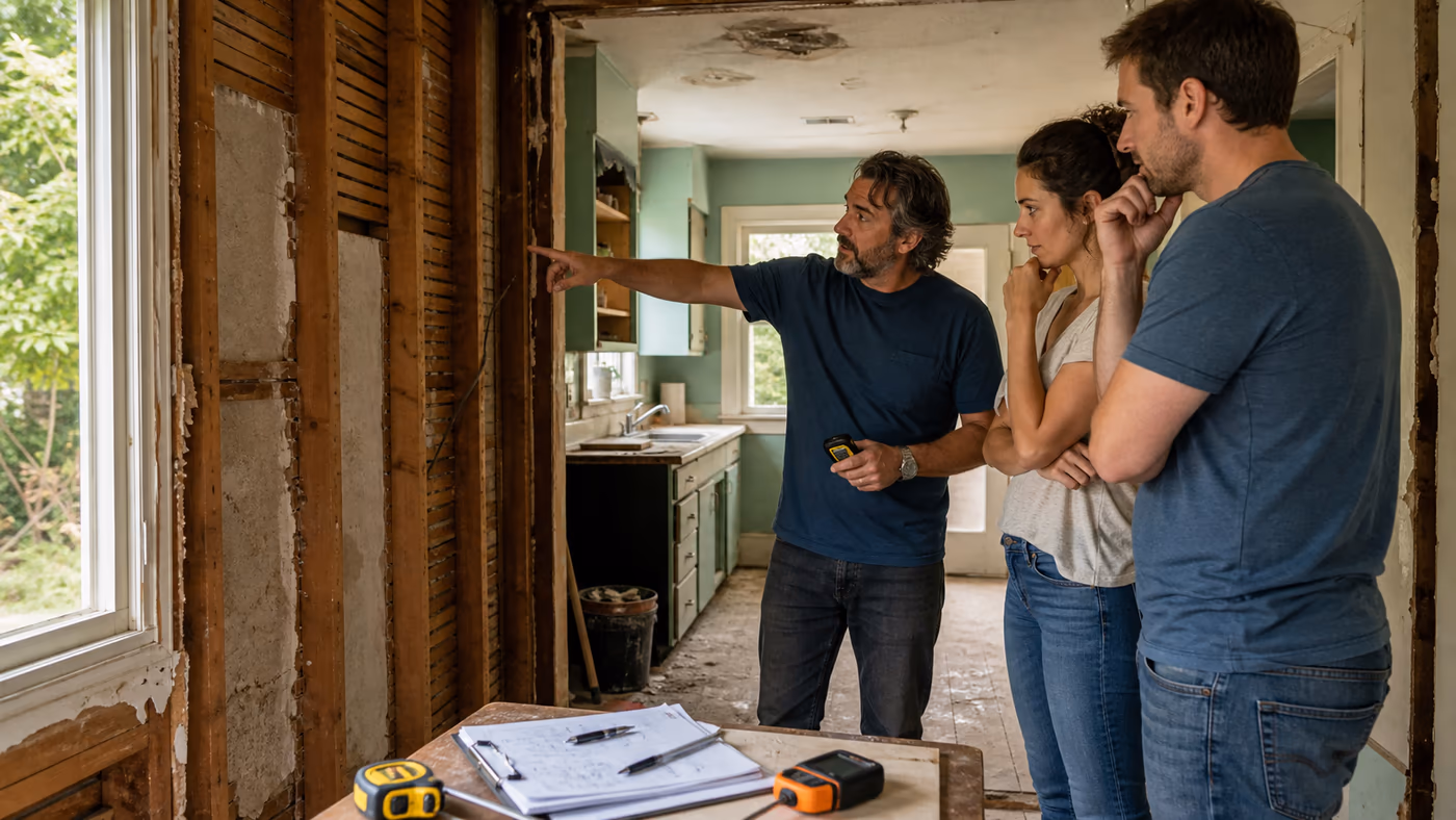 Home inspector showing a couple exposed wall framing and possible repair areas inside an older fixer-upper