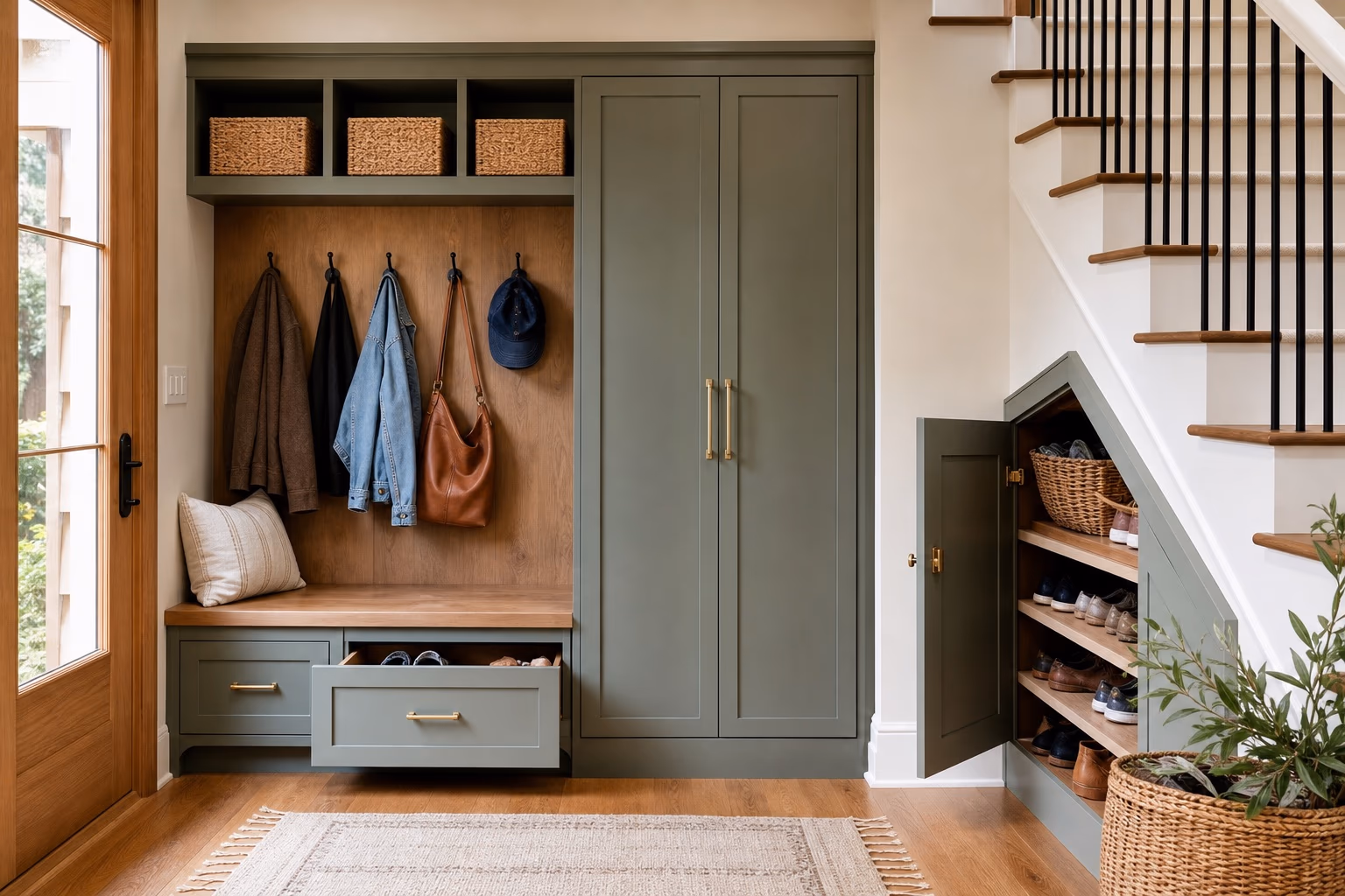 Organized entryway with bench drawers, tall cabinets, baskets, and under-stair shoe storage
