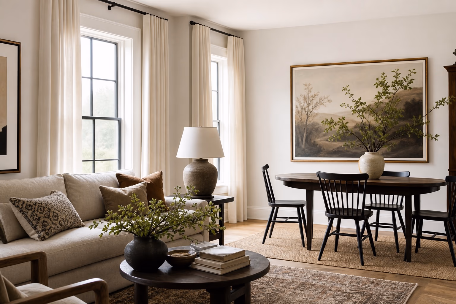 Polished living and dining area with tall curtains, oversized art, layered rugs, and mixed furniture