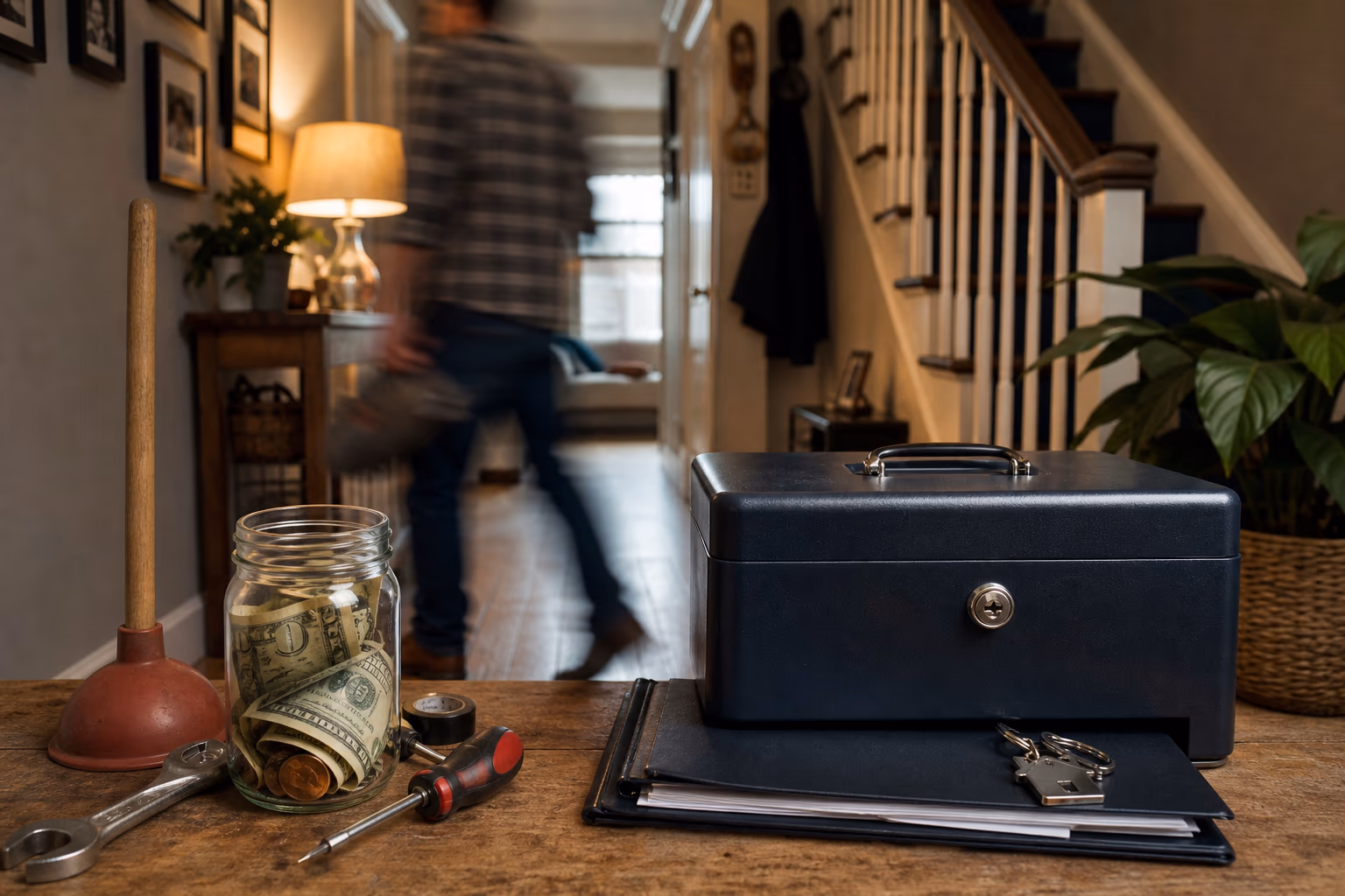 Surreal photoreal scene of two different-sized savings jars in a lived-in hallway beside a toolbox and a home insurance folder