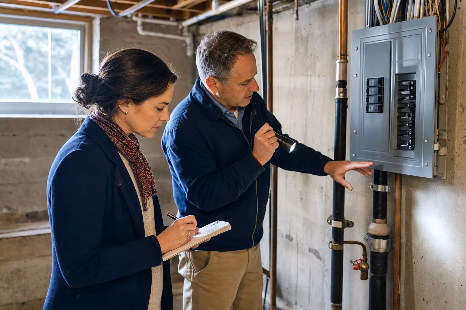 Independent home inspector showing a buyer an electrical panel and visible basement systems during a careful inspection