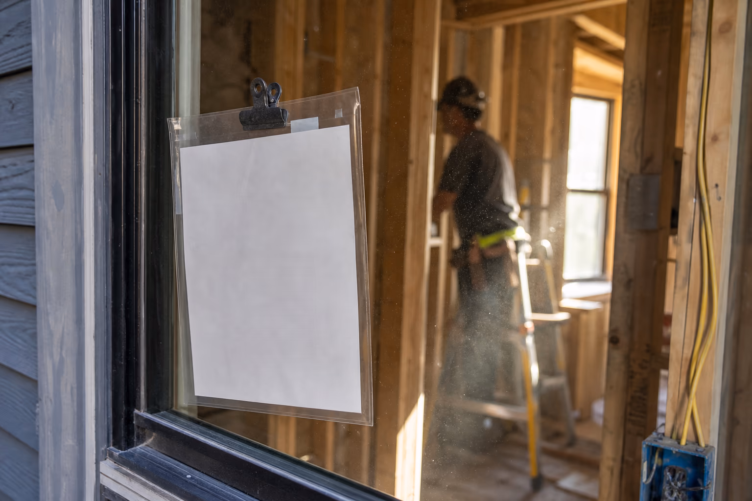 Documentary close-up of a building permit card on a renovation window with exposed framing and a worker softly blurred behind it