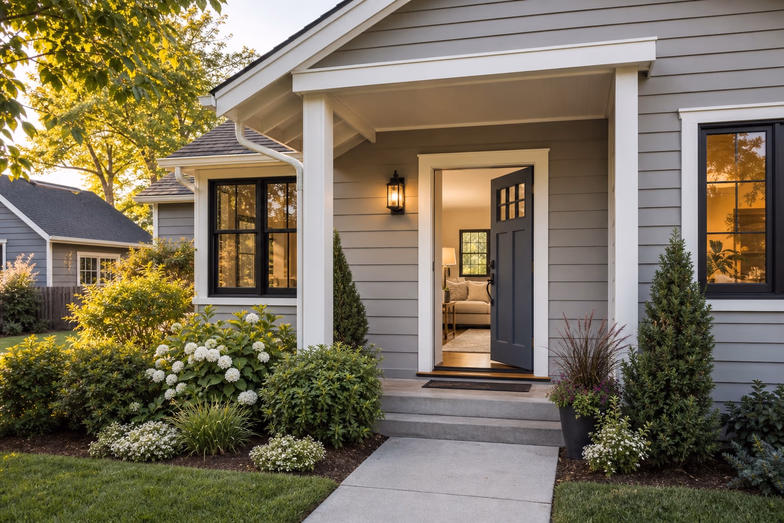Well-maintained American home with tidy landscaping, a fresh front door, and a bright interior