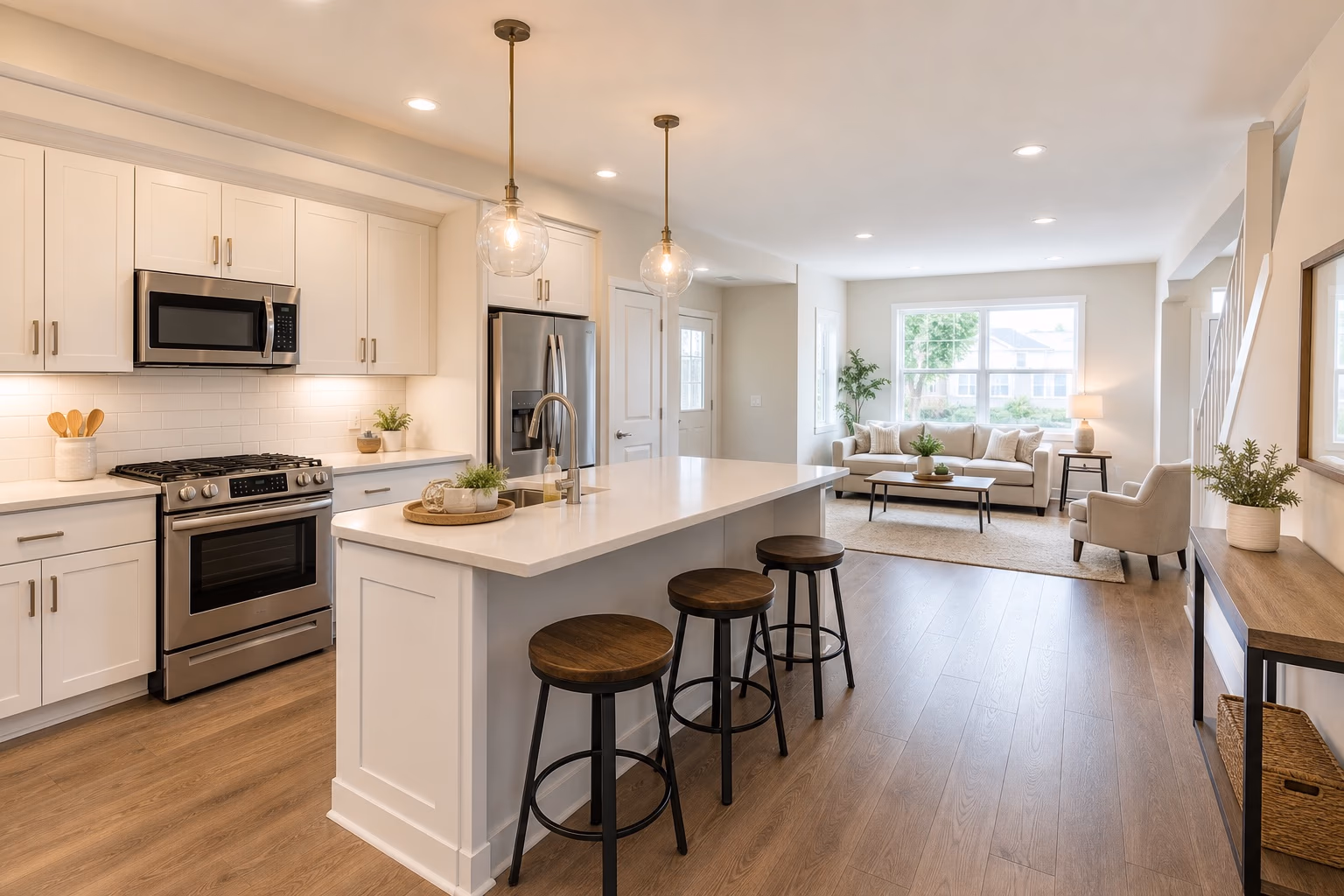 Clean bright kitchen and living area with neutral finishes and warm updated lighting