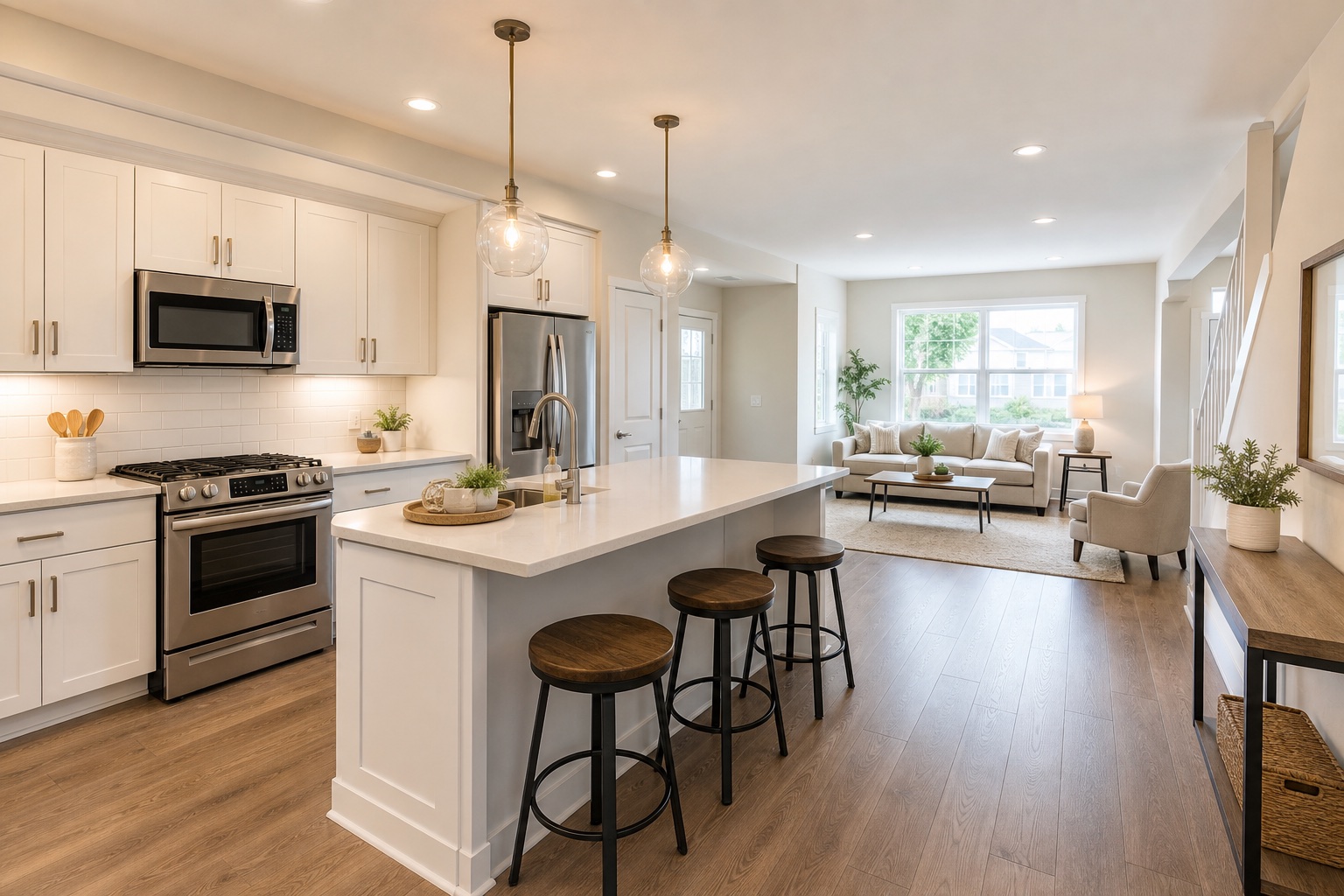 Clean bright kitchen and living area with neutral finishes and warm updated lighting