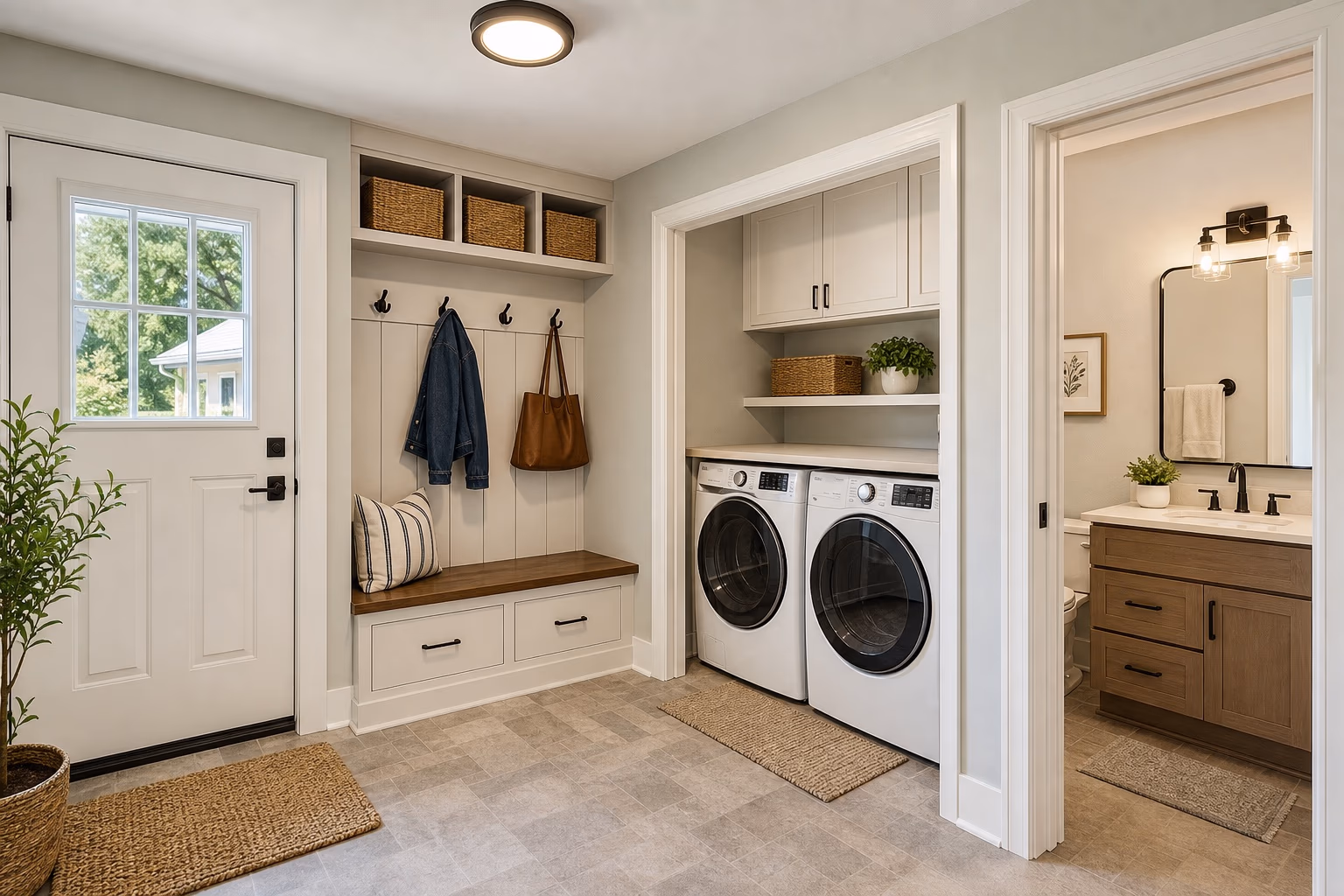 Move-in-ready entry and laundry area with durable flooring, closed storage, hooks, and bright lighting
