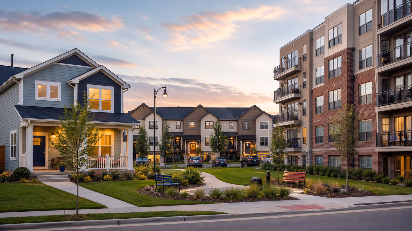 Detached house, townhomes and an apartment or condominium building around one shared neighborhood green