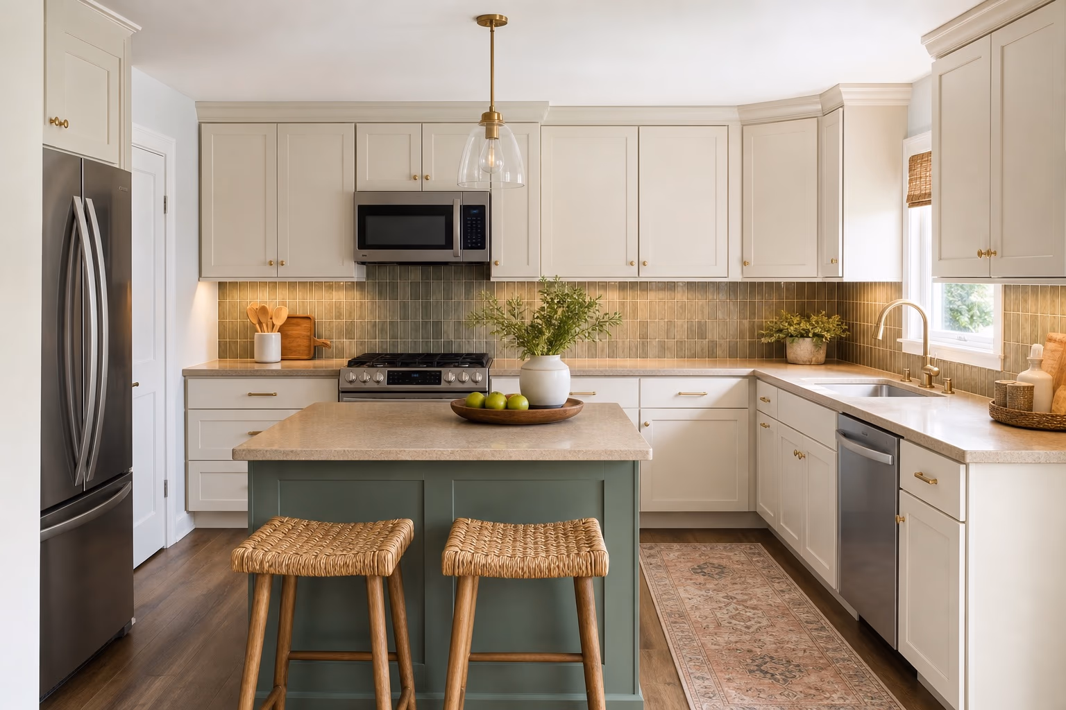 Bright refreshed kitchen with warm white cabinets, green island, brass hardware, and new lighting