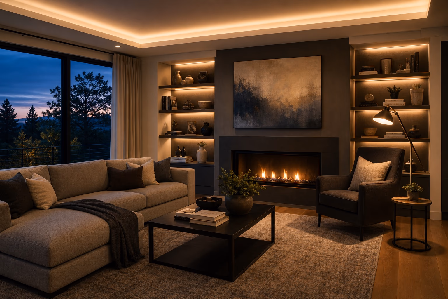 Living room at dusk with warm ceiling, shelf, and reading lights