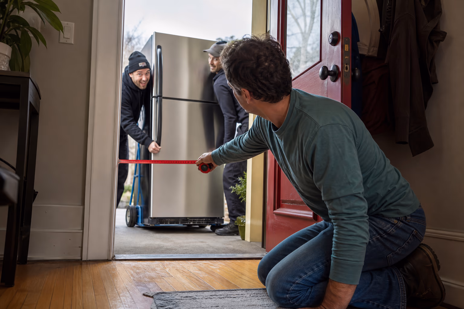 Playful low-angle photograph of a homeowner stretching a tape measure across a doorway as a refrigerator delivery approaches