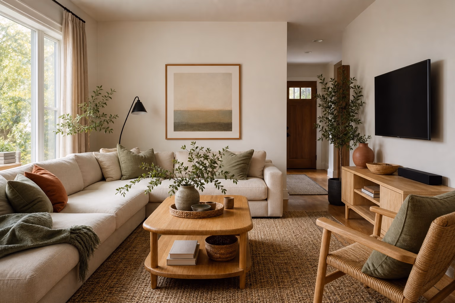 Warm modern living room with light oak furniture, cream upholstery, and sage accents