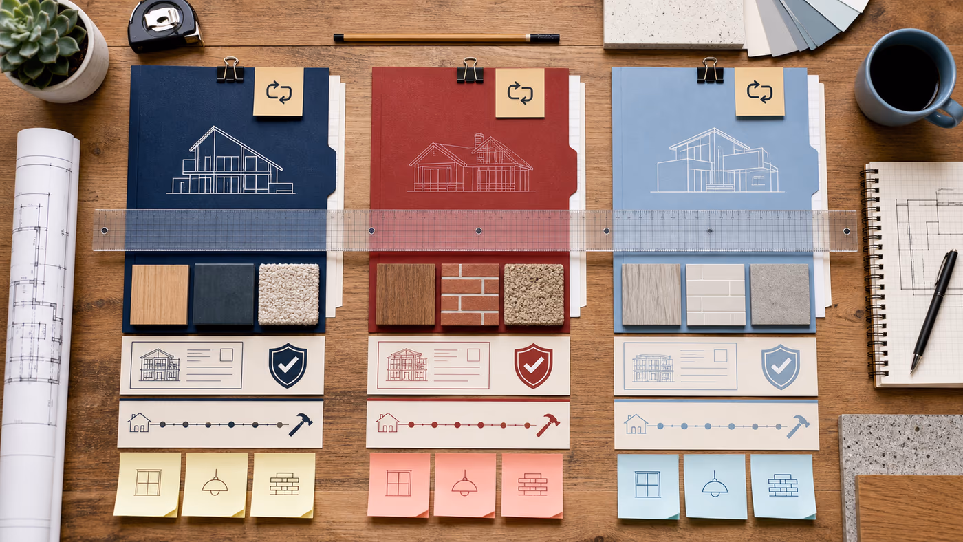 Overhead comparison board with three home plans, material samples, timeline cards and a measuring ruler