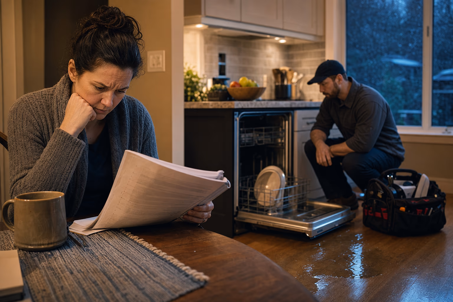 Cinematic evening kitchen with a broken dishwasher, a homeowner reading contract fine print and a repair technician waiting nearby