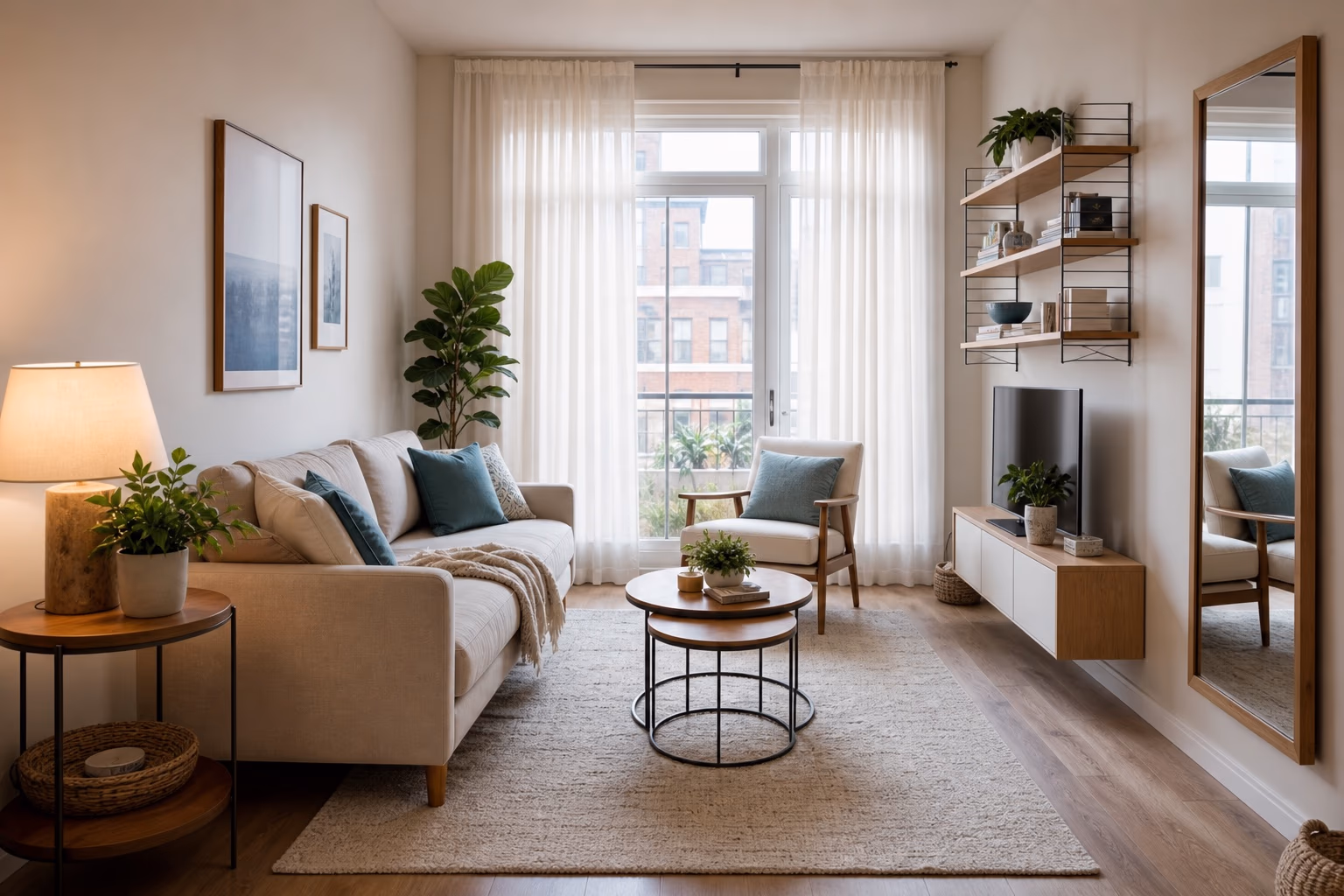 Bright compact apartment living room with a slim sofa, round tables, shelves, and a large mirror