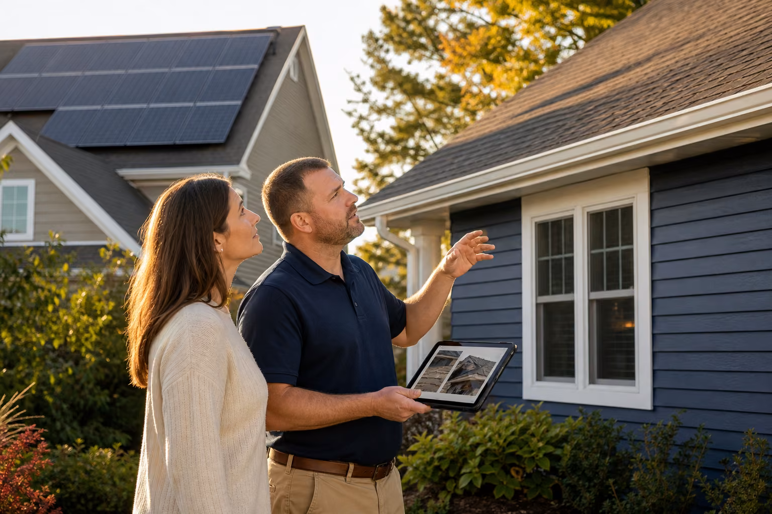 Homeowner and roof professional reviewing roof condition from the ground with solar panels visible on a nearby home