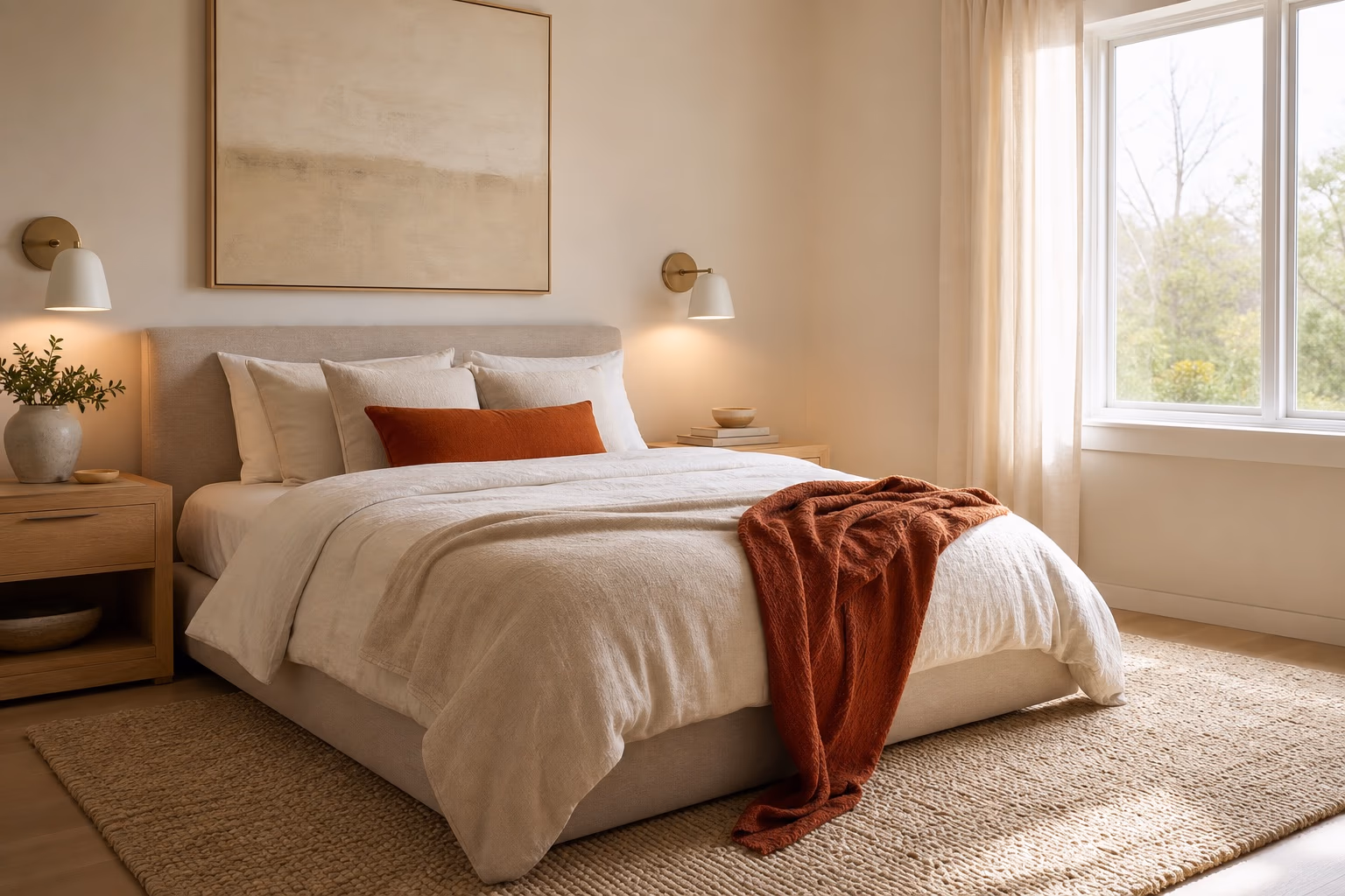 Warm minimalist bedroom with linen bedding, oak nightstands, soft sconces, and a rust-colored throw