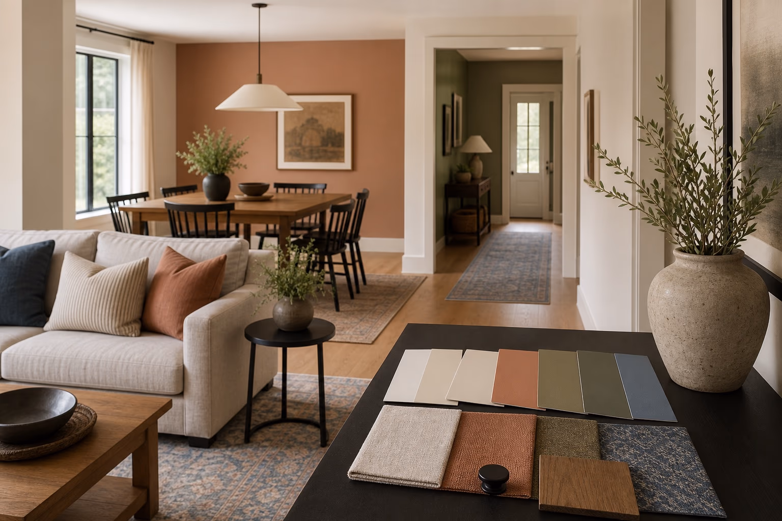 Open living and dining rooms with warm clay, olive, blue, and neutral color samples