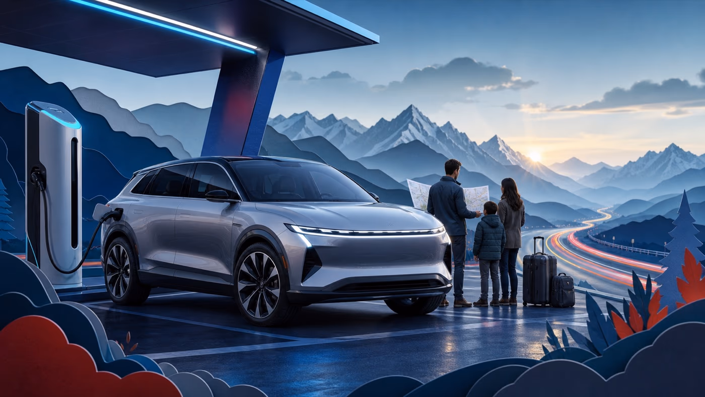 Original editorial illustration of a premium electric SUV at a modern fast-charging station with a range chart