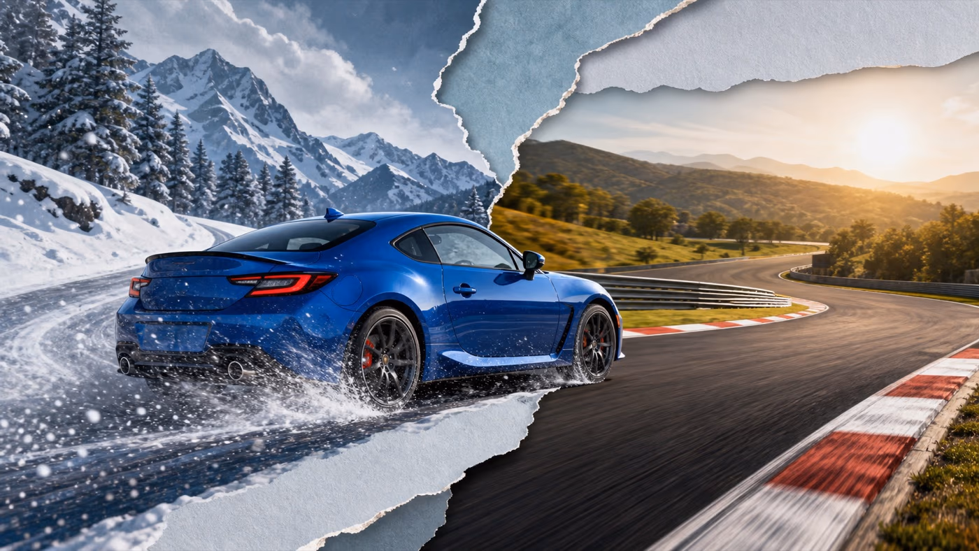 Original editorial illustration of a compact performance coupe on a mountain road with an ownership-cost gauge
