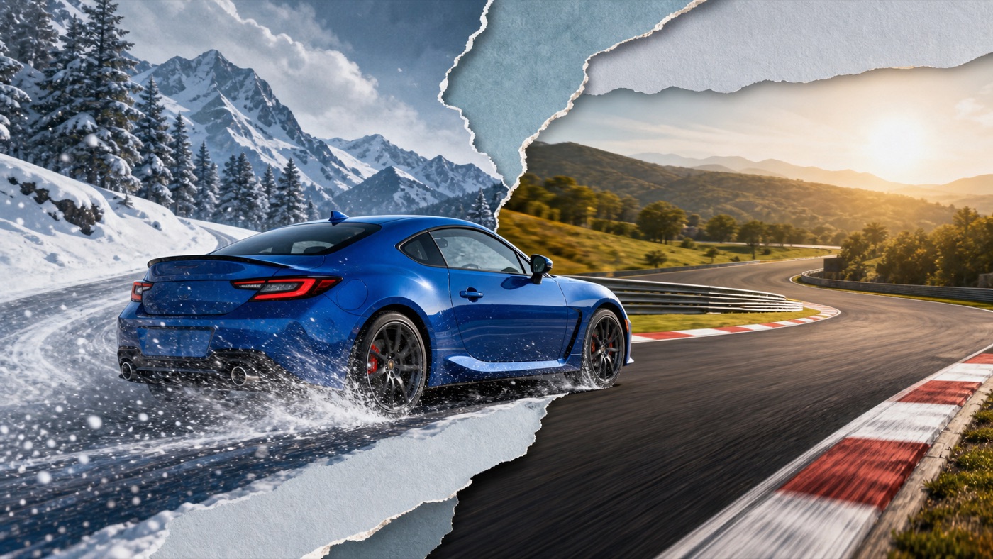 Original editorial illustration of a compact performance coupe on a mountain road with an ownership-cost gauge
