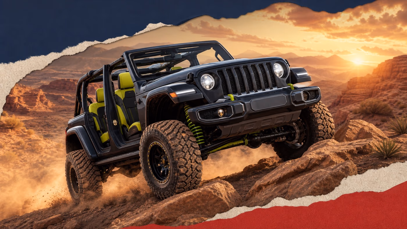Original editorial illustration of an off-road SUV crossing a bright desert trail with a feature checklist