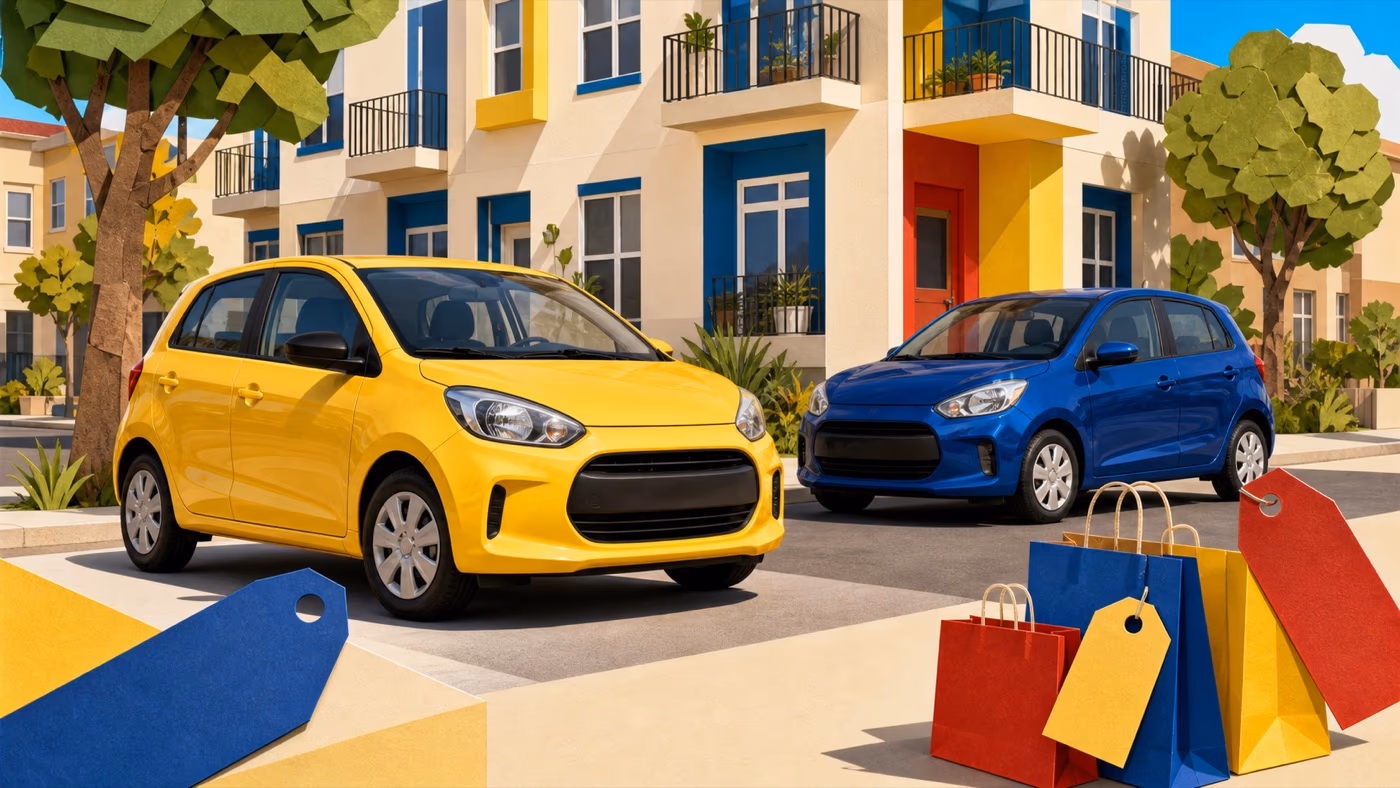 Original editorial illustration of a colorful compact hatchback outside a city apartment with a price tag and shopping checklist