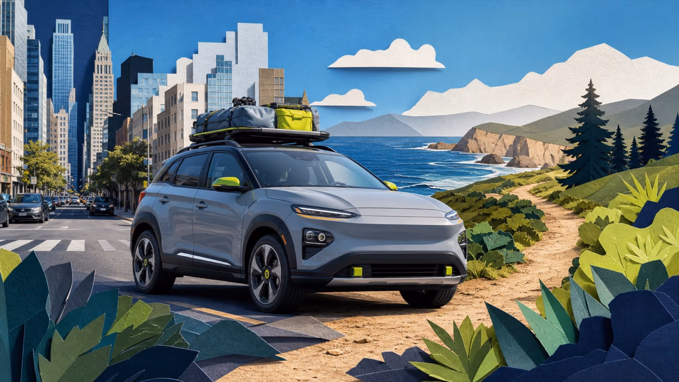 Original editorial illustration of a midsize electric SUV at an outdoor charging stop with a trim-price timeline