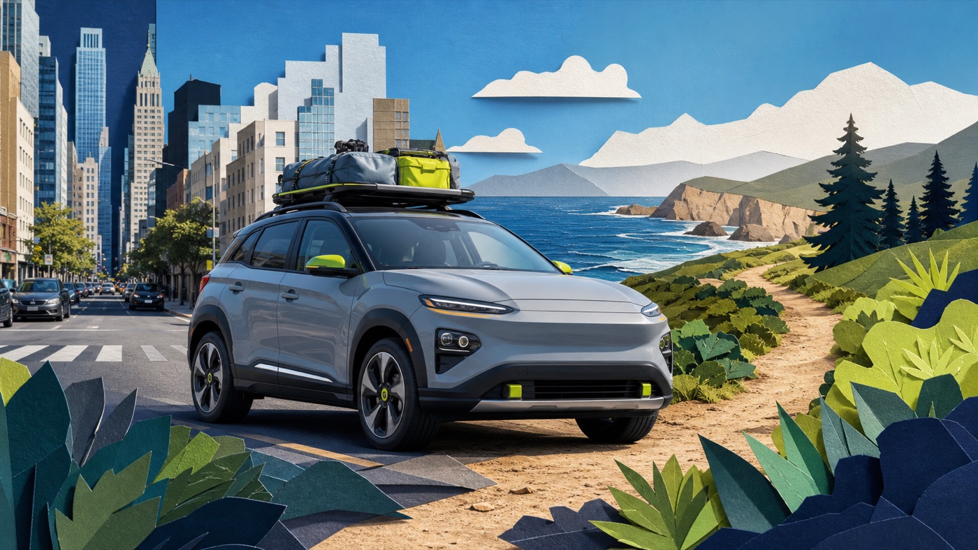 Original editorial illustration of a midsize electric SUV at an outdoor charging stop with a trim-price timeline
