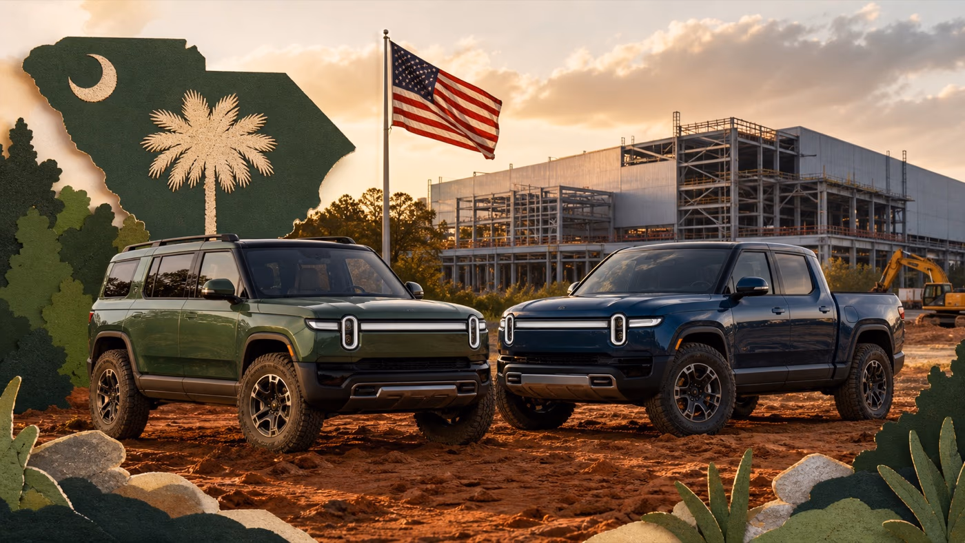 Original editorial illustration of an electric off-road SUV and pickup beside a rugged trail and charging point