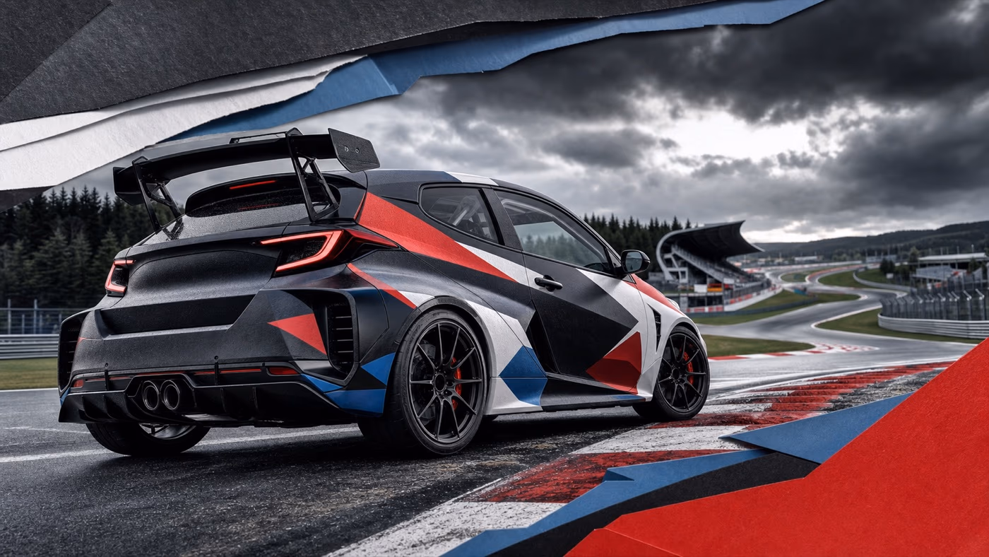 Original editorial illustration of a performance hatchback on a track-inspired road with testing notes and a limited-allocation marker