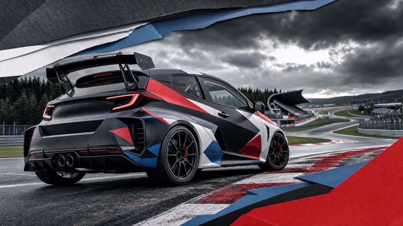 Original editorial illustration of a performance hatchback on a track-inspired road with testing notes and a limited-allocation marker