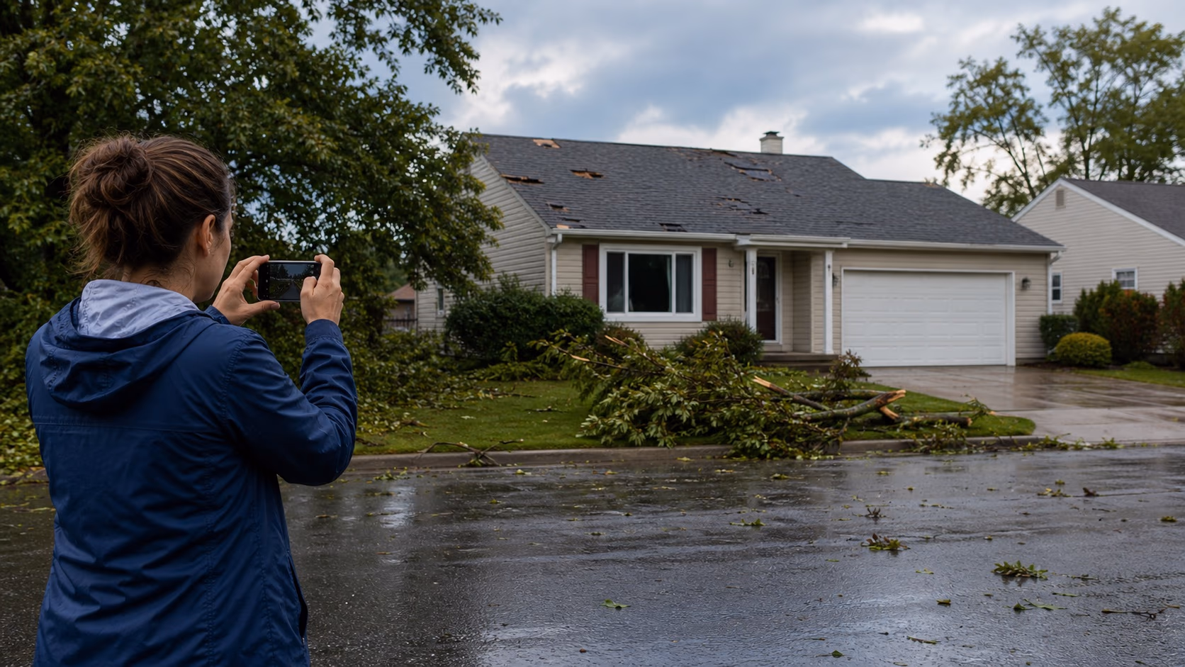 Original editorial image of a Wisconsin homeowner photographing roof and tree damage after a severe summer storm