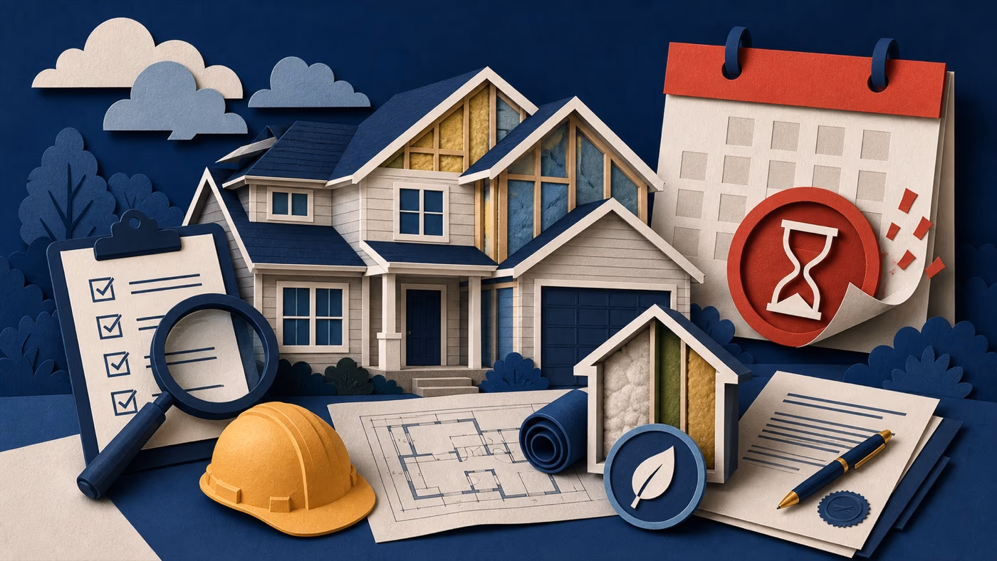 Paper-cut new energy-efficient home with construction plans, hard hat, checklist and deadline calendar