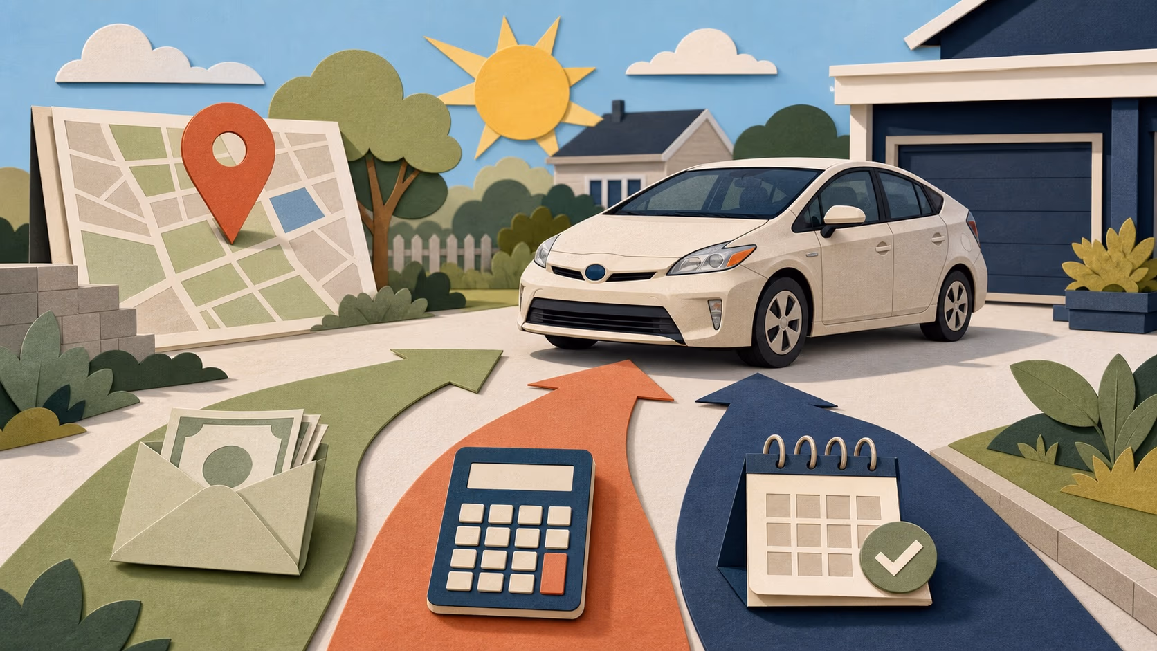 Paper-cut illustration of a family car with separate cash, finance and lease paths