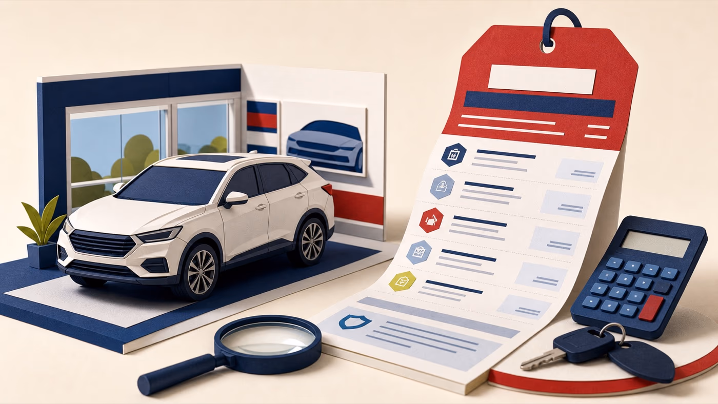 Paper-cut car dealership scene with an itemized price sheet, calculator, keys and magnifying glass