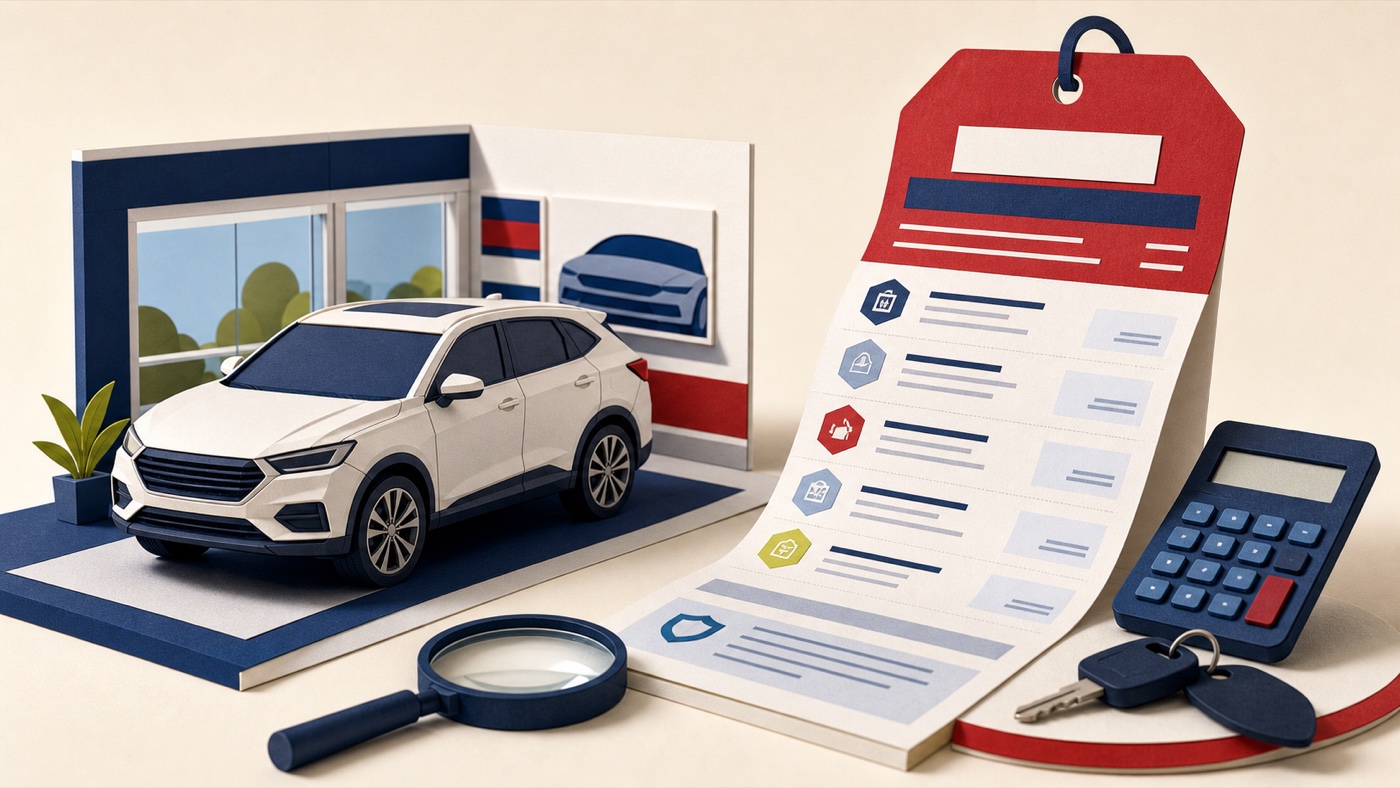 Paper-cut car dealership scene with an itemized price sheet, calculator, keys and magnifying glass