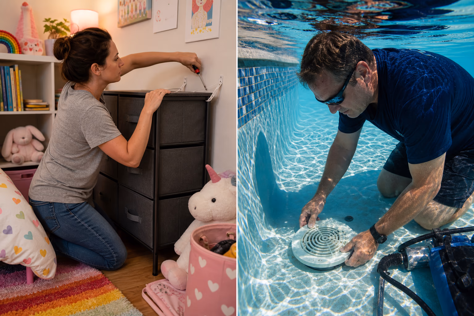 Household checking product labels on a cleaner, wall air conditioner and office chair before following recall instructions