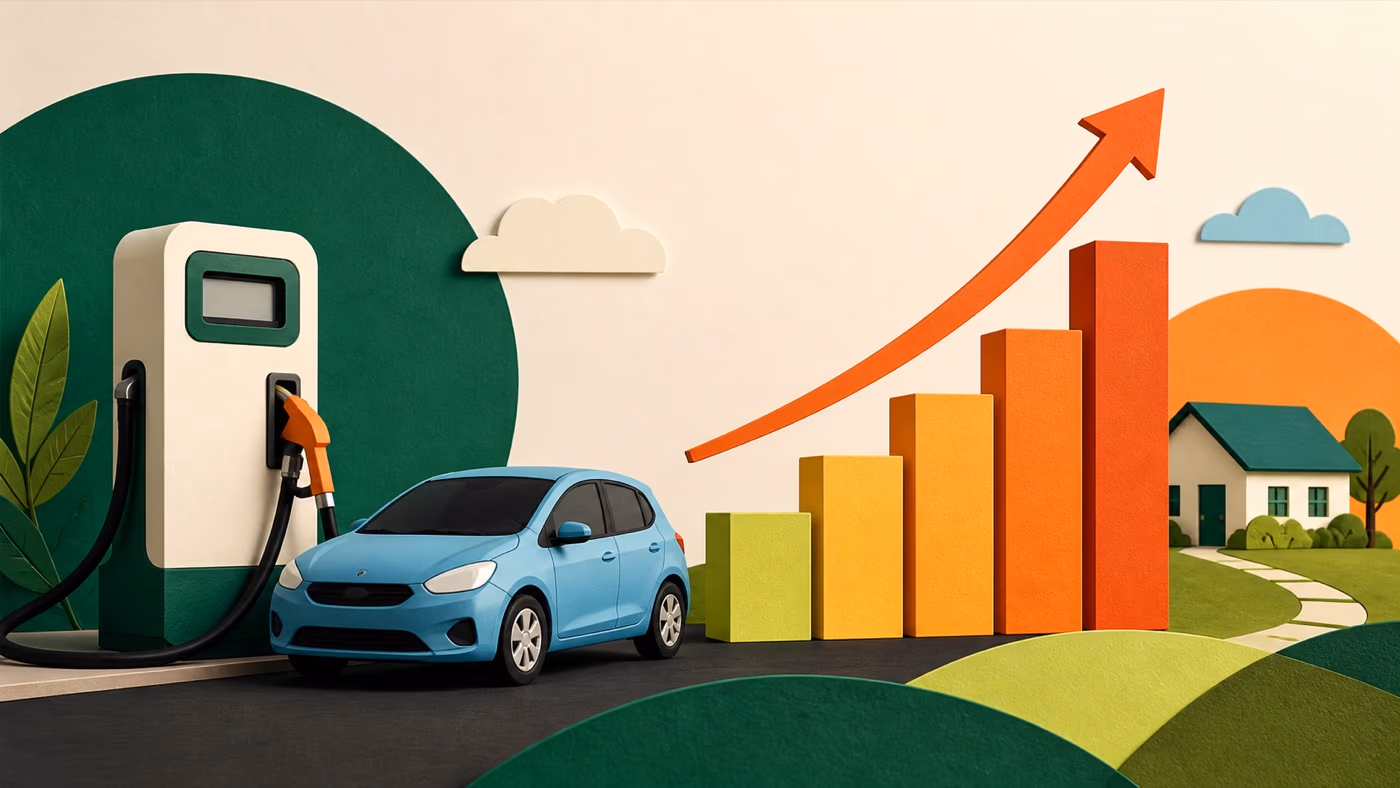 Editorial illustration of a family car, fuel pump, home, and rising cost chart