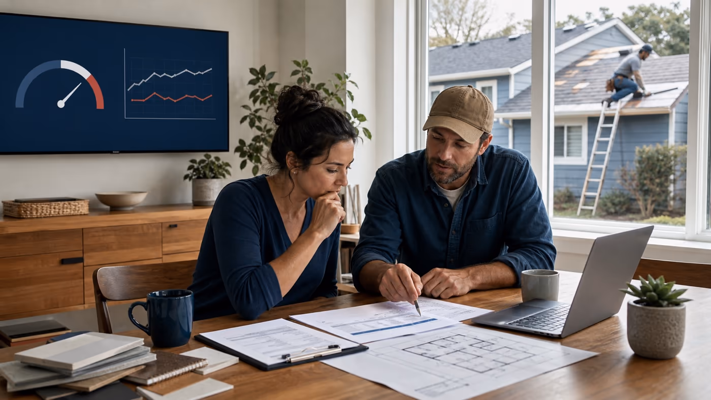 Original editorial image of a homeowner and contractor comparing a mortgage estimate and repair bid while roof work continues outside