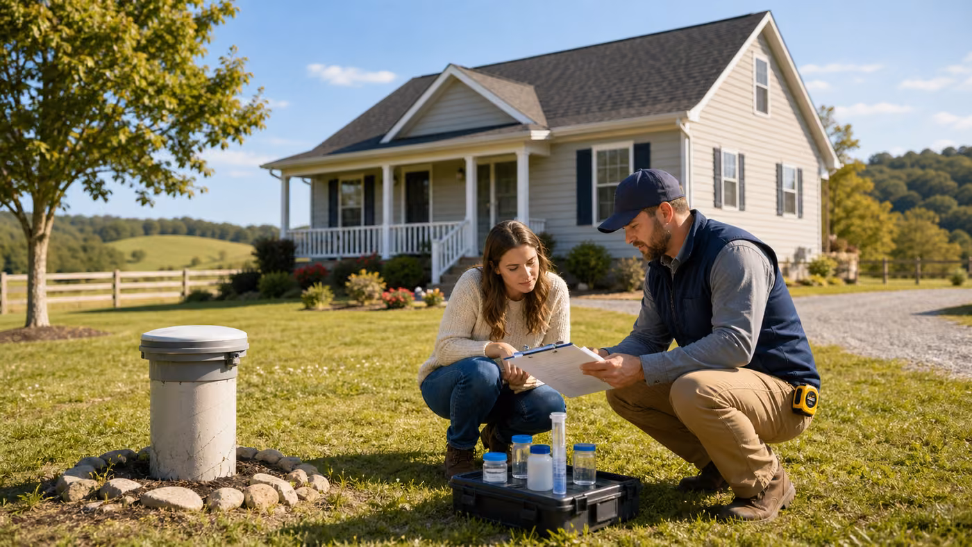 Original editorial image of a homebuyer and property inspector reviewing private-well test paperwork outside an existing rural home