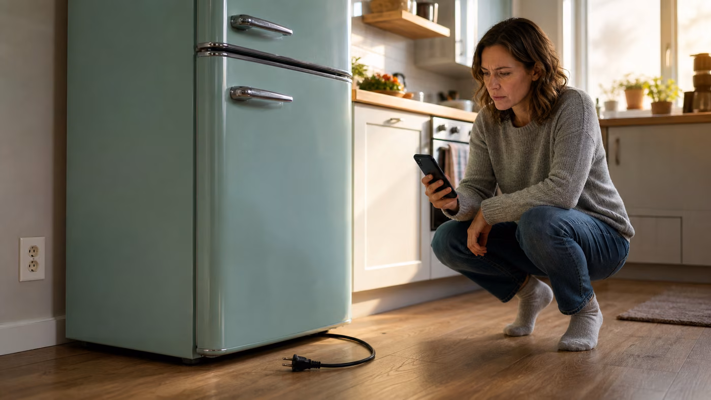 Homeowner checking the label on a green retro refrigerator with its power cord unplugged
