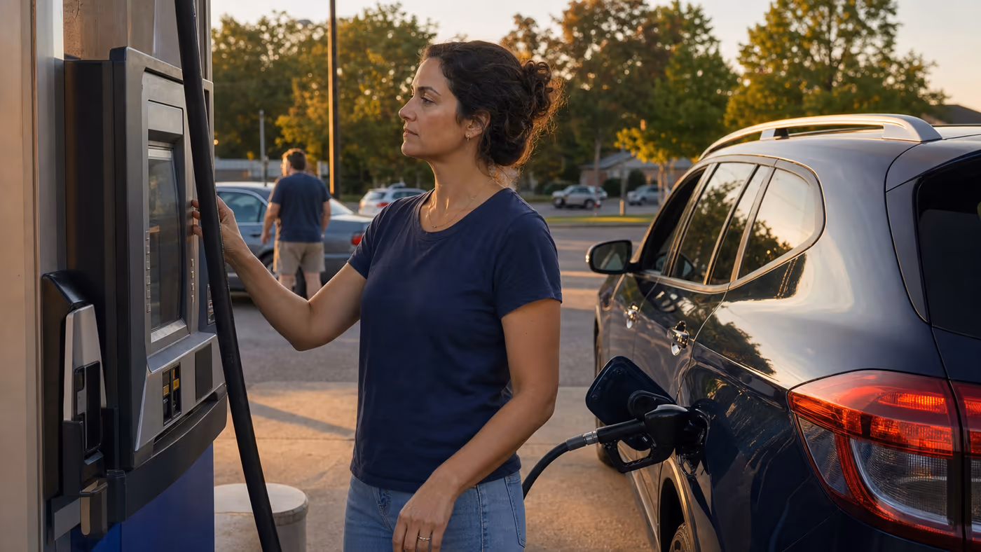 Original editorial image of a driver checking an unbranded gasoline pump while filling a practical family crossover